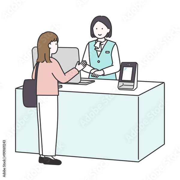 Obraz 来院者の受付をするビジネス女性のイメージイラスト