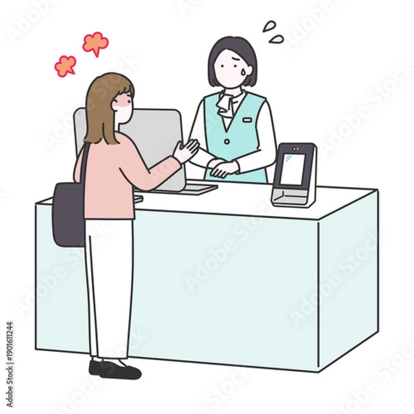 Obraz 怒った来院者に対応をするビジネス女性のイメージイラスト