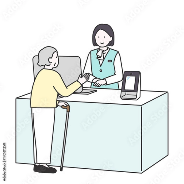 Obraz 高齢の来院者の受付をするビジネス女性のイメージイラスト