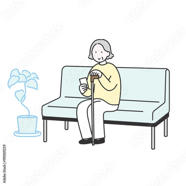 Obraz 高齢女性が待合室で座って順番を待っているイメージイラスト