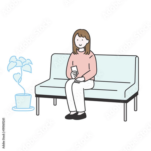 Obraz 若い女性が待合室で座って順番を待っている様子のイラスト