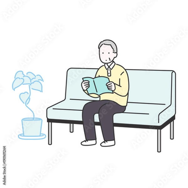 Obraz 高齢男性が本を読みながら待合室で順番を待つイメージイラスト