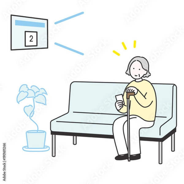 Obraz 待合室で自分の順番を呼ばれた高齢女性のイメージイラスト