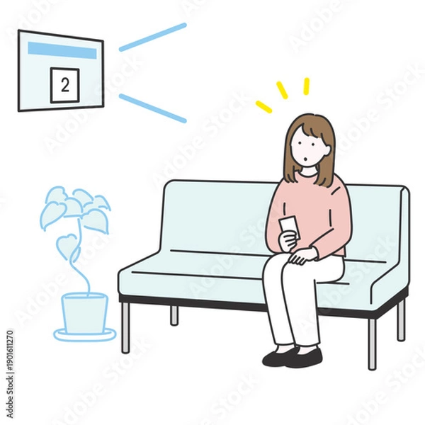 Obraz 待合室で自分の順番に気付いた若い女性のイメージイラスト