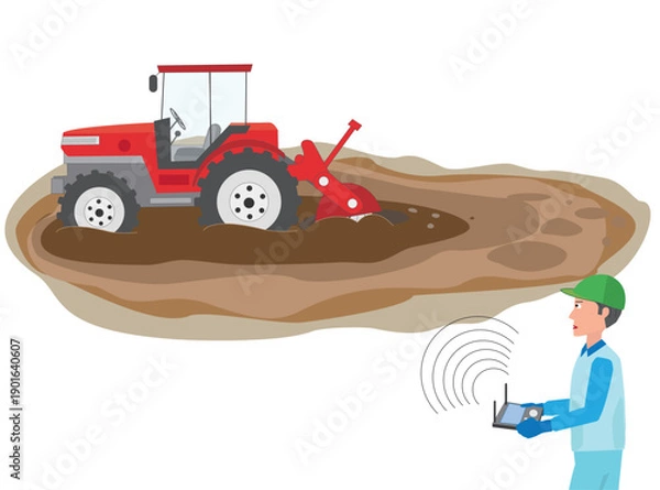 Fototapeta トラクターの無人運転で農作業をしているイラスト素材。