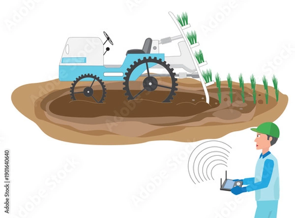 Fototapeta 田植え機の無人運転で農作業をしているイラスト素材。