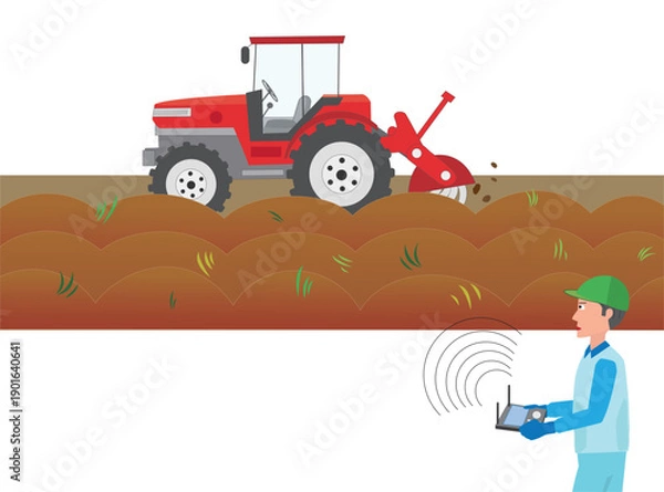 Fototapeta トラクターの無人運転で農作業をしているイラスト素材。