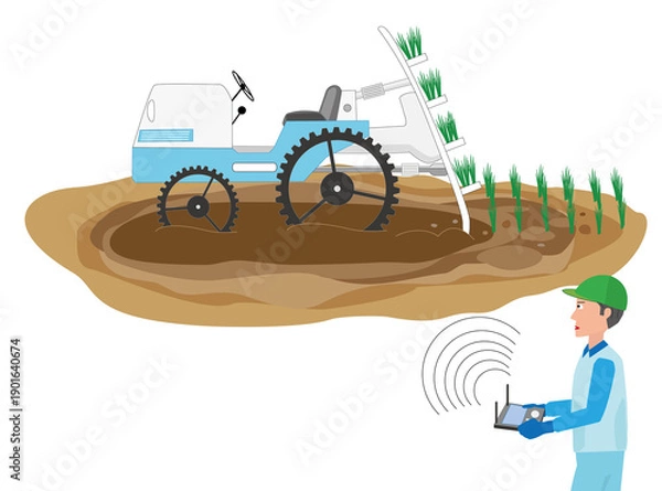 Fototapeta 田植え機の無人運転で農作業をしているイラスト素材。