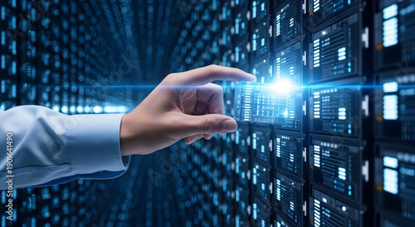 Fototapeta Professional accessing advanced data center technology with futuristic interface