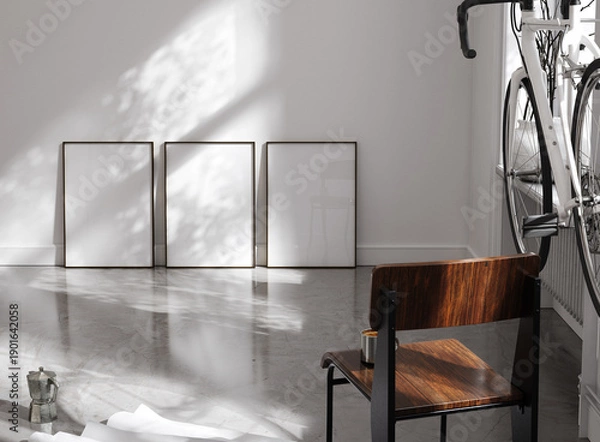 Obraz Mockup poster frame in midcentury modern interior, 3d render