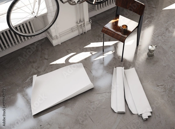 Obraz Mockup poster frame in midcentury modern interior, 3d render