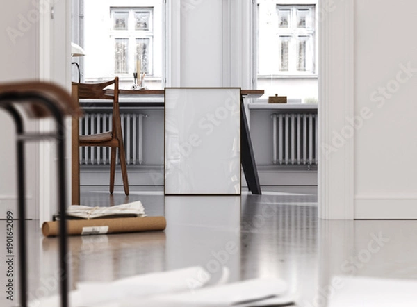 Obraz Mockup poster frame in midcentury modern interior, 3d render