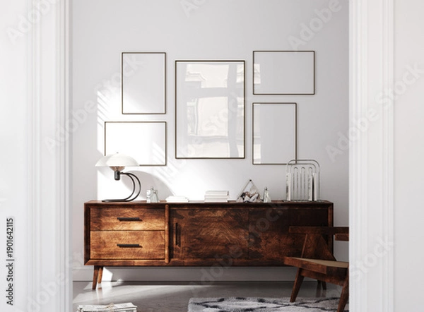 Obraz Mockup poster frame in midcentury modern interior, 3d render