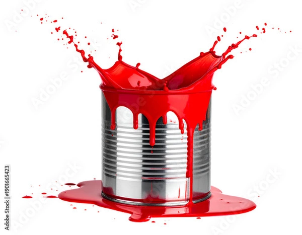 Obraz Red paint exploding and splashing from silver metal can on transparent background
