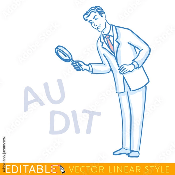 Fototapeta Auditor looks through magnifying glass. Editable line caricature. Stock vector illustration.
