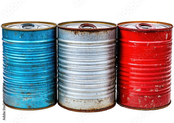 Obraz Three colorful, rusty cans in a row