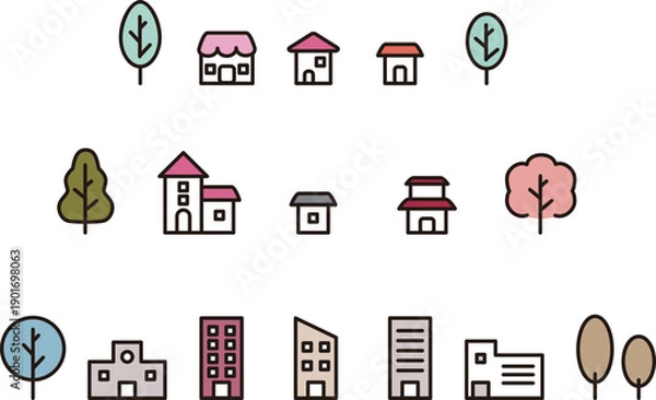 Obraz 家とビルの街並みイラストセット。不動産、住宅街、都市開発のアイコン　飾り　デザイン素材