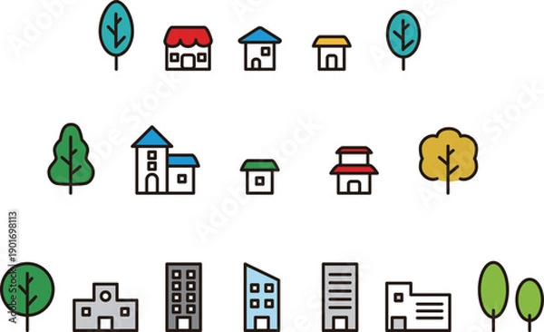 Obraz 家とビルの街並みイラストセット。不動産、住宅街、都市開発のアイコン　飾り　デザイン素材