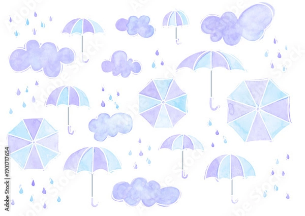 Obraz 梅雨、雨、傘、雲、水色、紫、白罫線

