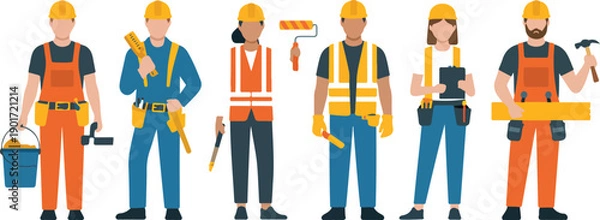 Obraz Construction Workers Vector Illustration Set with Builders, Helmets, and Tools
