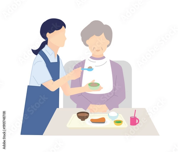Obraz 高齢者の食事介助をする介護士のイラストベクター素材
