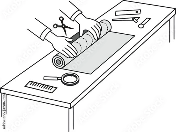 Obraz Tailor Measuring and Cutting Fabric on Work Table Vector