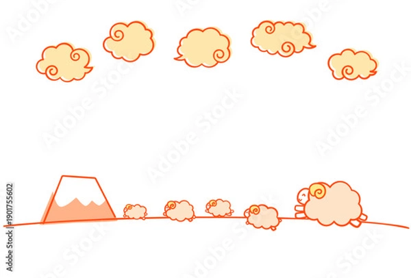 Fototapeta ほのぼのした未年年賀状用の文字なし素材デザイン　富士山と雲の背景に笑顔でジャンプする羊の群れ