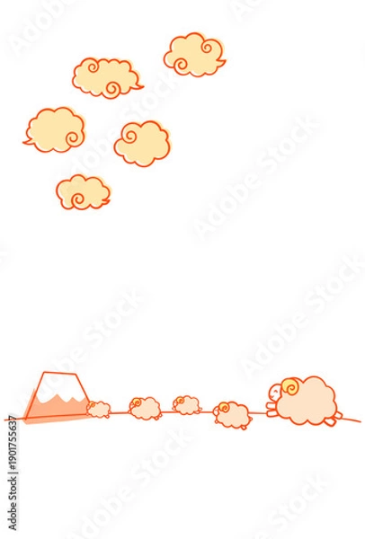 Fototapeta ほのぼのした未年年賀状用の文字なし素材　富士山と雲の背景に笑顔でジャンプする羊の家族のイラスト