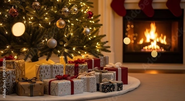 Obraz Christmas Tree and Fireplace Scene with Presents.