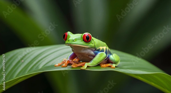 Obraz Vibrant Red-Eyed Tree Frog Sitting on a Leaf.