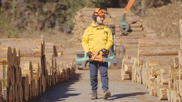 Obraz 貯木場で働く林業従事者:撮影協力　多摩木材センター協同組合