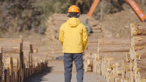 Obraz 貯木場で働く林業従事者:撮影協力　多摩木材センター協同組合