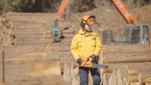 Obraz 貯木場で働く林業従事者:撮影協力　多摩木材センター協同組合