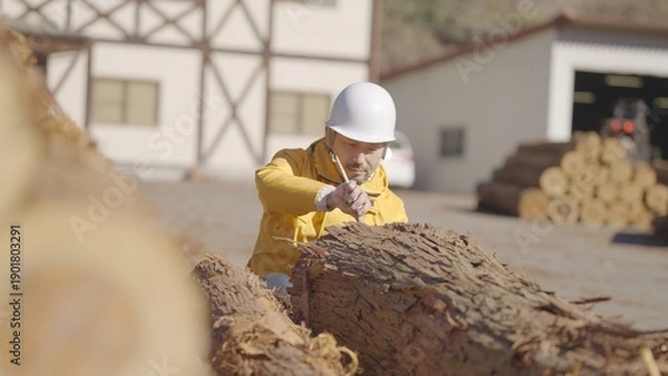 Obraz 丸太のサイズを測定する林業従事者: 多摩木材センター協同組合	
