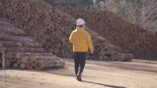 Obraz 貯木場で働く林業従事者:撮影協力　多摩木材センター協同組合