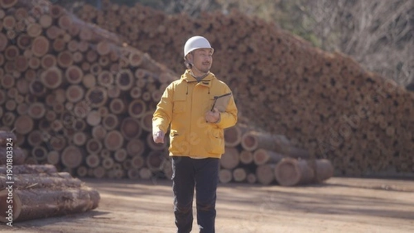 Obraz 貯木場で働く林業従事者:撮影協力　多摩木材センター協同組合