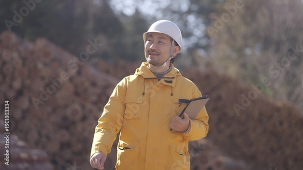 Obraz 貯木場で働く林業従事者:撮影協力　多摩木材センター協同組合