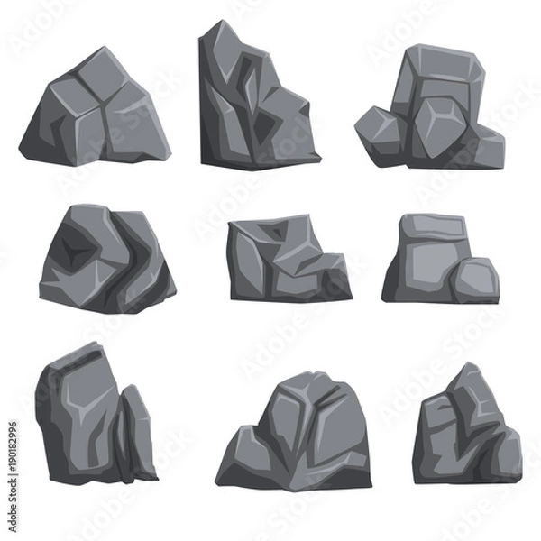 Fototapeta Set of stones with lights and shadows. Rock landscape design elements of different shapes and shades of gray. Flat vector isolated on white