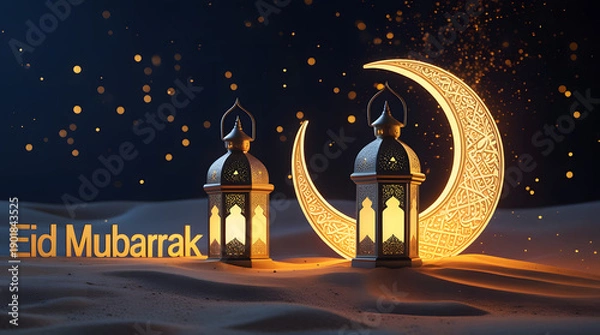 Obraz  Illuminated Arabic Lantern glowing  eid mubarak banner