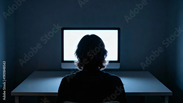 Obraz Individual using computer in dark room, illuminated screen creating silhouette effect