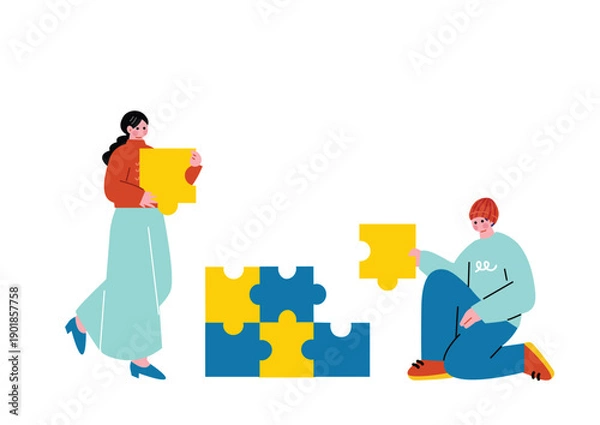 Fototapeta 一緒にパズルを組み立てる男女