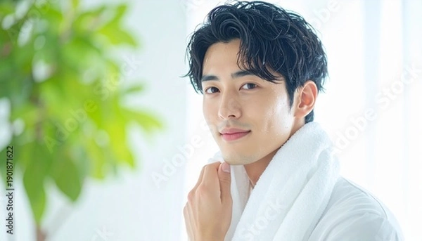 Obraz タオルで顔を拭く若い男性のクローズアップ　メンズスキンケア、美容イメージ