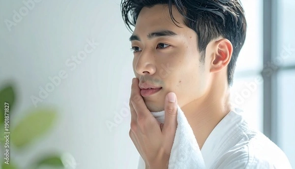 Obraz 青ひげや剃り残しがある若い男性の顔　口元や顎のクローズアップ　メンズスキンケア・美容・脱毛イメージ