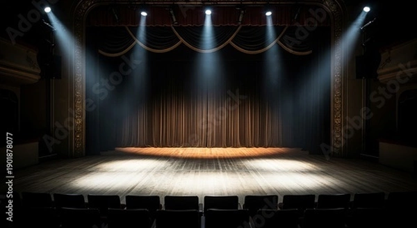 Obraz Empty Stage with Spotlights and Curtain Ready for Performance.