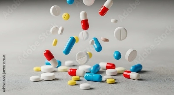 Obraz Assorted Pills and Capsules Falling onto a Gray Surface.