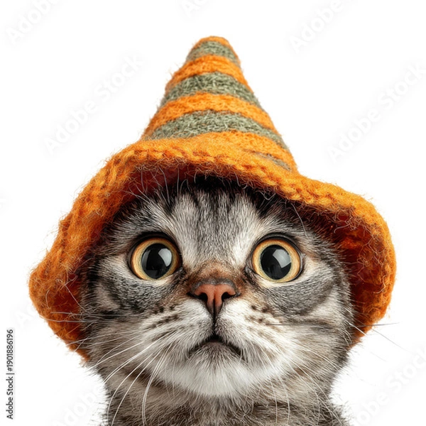 Obraz A curious cat wearing a knitted hat