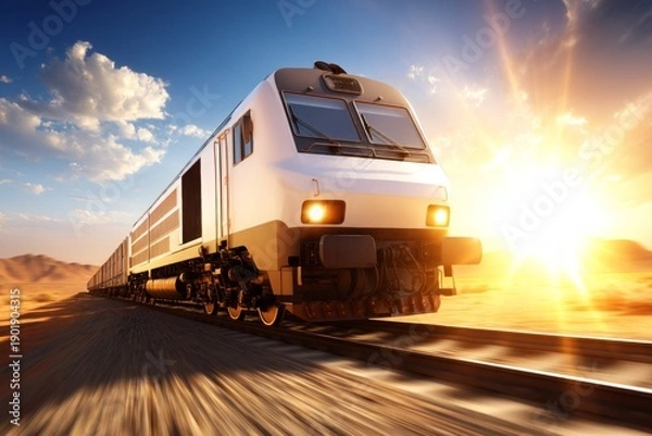 Obraz Freight Train Racing Through Desert Landscape at Sunset