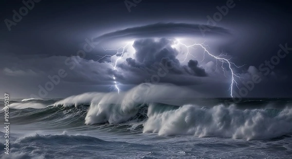 Fototapeta Dramatic Seascape with Lightning Storm Over Ocean Waves.