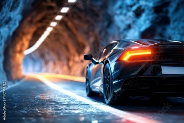 Obraz Car Accelerating Through Mountain Tunnel with Headlights On