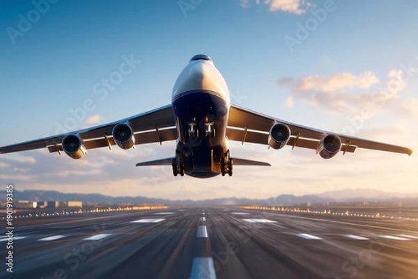 Obraz Cargo Aircraft Takeoff with Maximum Load and Lifting Angle